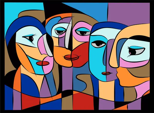 Geometrik arkaplan üzerinde belirgin, stilize özelliklere sahip iç içe geçmiş birkaç yüz. Her yüz kalın çizgiler ve zıt renklerden oluşur, parçanın kübik tarzına katkıda bulunur..