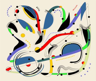 Çeşitli rengarenk şekiller ve çizgiler ışık arka planına karşı dinamik ve soyut bir model oluşturur. Kırmızı, mavi, yeşil ve sarı gibi koyu renkler siyah elementler ve noktalarla iç içe geçmiştir..