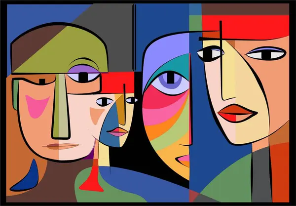 Çoklu yüzlerin soyut bir tasviri geometrik şekiller ve çeşitli renklerle birleştirilir. Her yüz tasviri renk şemasına göre değişir