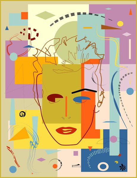 A face is outlined in the center using various abstract shapes and bright colors. The background is filled with geometric patterns and dynamic lines that create a vibrant, modern composition.