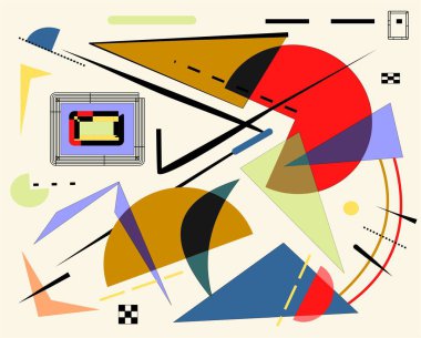 Geometrik şekiller ışık arkaplanı ile kesişir ve dinamik bir hareket hissi yaratır. Kalın çizgiler ve zıt renkler bezi domine eder, gözü tuvale yönlendirir..