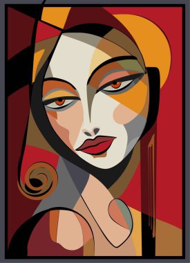 Renkli soyut arkaplan, kübizm sanat tarzı, biçimlendirilmiş bir portre, karanlık bir kenar tarafından çerçevelenmiş, açısal şekilli ve canlı renklere sahip bir kadının yüzünü içerir..