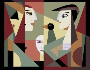 Geometrik şekiller ve kalın çizgiler karmaşık bir kompozisyonda birbirine bakan soyut insan profilleri oluşturur. Renk paleti, kırmızı ve yeşil aksanlı sessiz toprak tonlarını içerir..