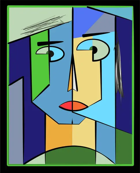 Bir kompozisyon, mavi, yeşil ve bej gibi zıt renklere sahip, siyahla özetlenmiş biçimlendirilmiş bir yüze sahiptir. İfade soyut, kalın çizgiler ve asimetrik şekiller vurgulanıyor.