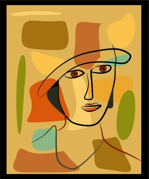 Bir stilize edilmiş portre, geometrik şekilli ve çeşitli sessiz renklere sahip soyut bir yüze sahiptir. Arkaplan, toprak tonlarında üst üste binen şekillerden oluşur, derinlik ve karmaşıklık ekler.