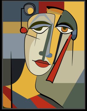 Bir yüzün geometrik tasviri, soyut ve modernist bir tarz yaratmak için kalın çizgiler ve sessiz renklerden oluşan bir çeşitlilik kullanır. Bileşim açısal şekilleri ve zıt tonların dengeli bir düzenini içerir..