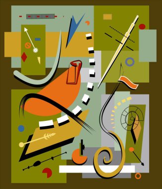 Geometrik şekillerin ve çizgilerin dinamik bir bileşimi, toprak tonlarının arka planına karşıdır. Kıvrımlar ve spiraller de dahil olmak üzere çeşitli soyut formlar, turuncu ve yeşil gibi koyu renkler dizaynda baskın.