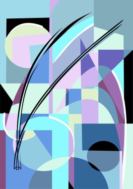 Mavi ve mor renkli geometrik şekillere ve çizgilere sahip soyut arkaplan. Dairelerin, dikdörtgenlerin ve kavislerin etkileşimi hareket ve derinlik hissi verir..