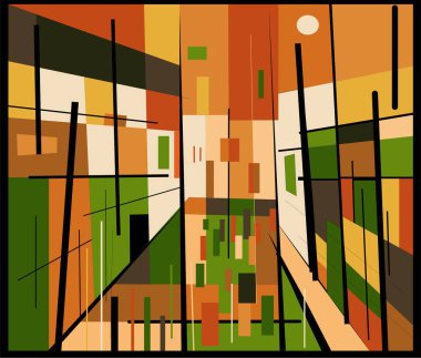 Turuncu, yeşil ve kahverengi tonlarında geometrik şekiller soyut bir şehir manzarası oluşturur. Dikey ve yatay çizgiler bir derinlik ve yapı hissi oluşturmak için kesişir.