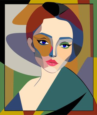 Renkli arka plan, kübizm sanat tarzı, soyut kadın portresi