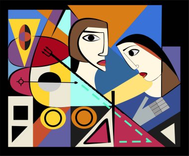 Geometrik bir kompozisyonda stilize edilmiş insan yüzü bulunur. Dairesel ve doğrusal elementlerin kullanımı soyut tasarım içinde dinamik hareket yaratır.