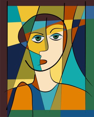 Renkli soyut arkaplan, kübizm sanat tarzı, yarım boy figürü