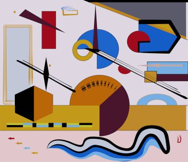 Soyut arkaplan, süslü geometrik ve eğri şekiller, beyaz kahverengi mavi, dışavurumculuk sanat tarzı