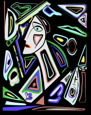 Soyut mavi arkaplan, stilize yüz, sürrealizm sanat tarzı