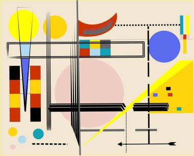 Soyut bej arkaplan, süslü geometrik ve eğri şekiller, dışavurumculuk sanat tarzı