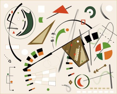 Soyut arkaplan, süslü geometrik ve eğri şekiller, beyaz sarı mavi, dışavurumculuk sanat tarzı