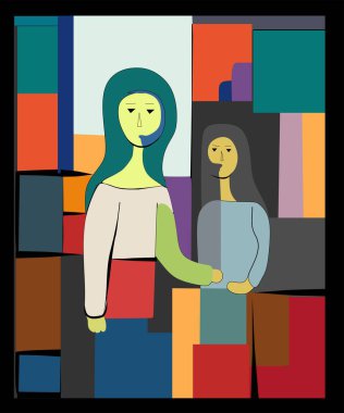 Renkli arka plan, kübizm sanat tarzı, iki küçük kız.