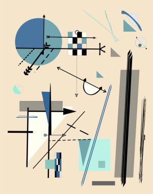 Soyut bej arka plan, süslü geometrik ve eğri şekiller, mavi siyah gri, dışavurumculuk sanat tarzı