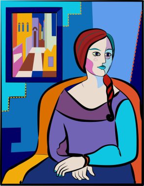 Renkli soyut arka plan, kübizm sanat tarzı, oturan kadının portresi.