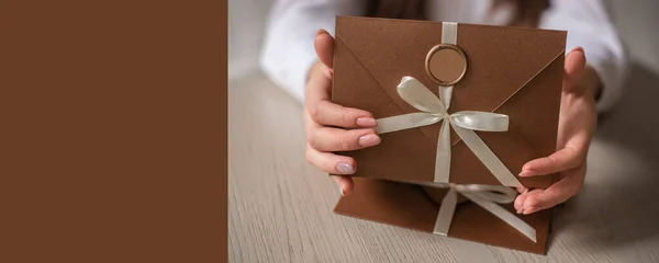 Convite Casamento Elegante Envelope Bronze Com Incrível Com Lugar Para — Fotografia de Stock