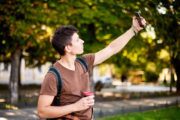Hipster Man Brown Shirt Take Selfie Phone Camera Summer Green — Stock Photo, Image