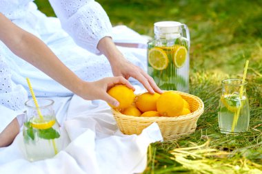 Hasır sepeti taze limon ve ev yapımı limonata ile yaz pikniğinde cam sürahi ile kapatın.