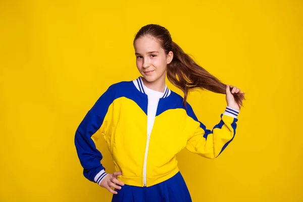 Tennis Player Teen Girl Sport Wear Stand Yellow Background Promotions — Stock Photo, Image
