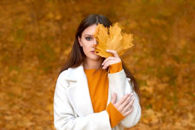 Parkta yürüyen, sonbahar ceketi giyen üzgün kadın. Gücenmiş kız elinde yapraklarla güz doğasında