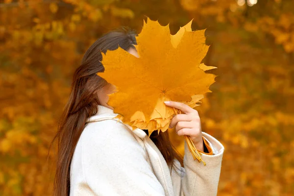 Mulher Irreconhecível Esconder Rosto Atrás Caído Folhas Buquê Parque Outono — Fotografia de Stock