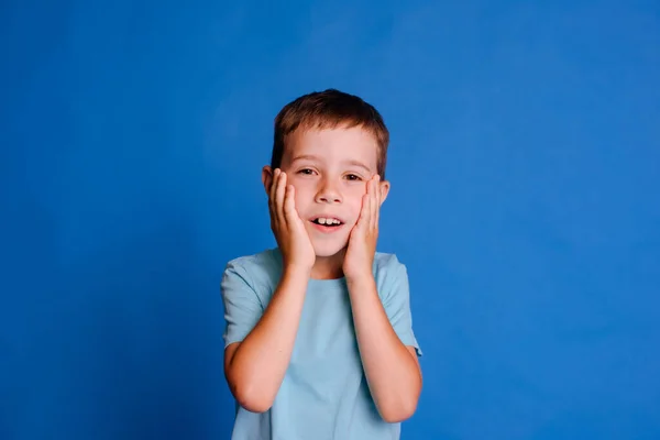 Headshot Boy Afraid Doctor Schoolboy Blue Mockup Shirt Light Blue — Stock Photo, Image