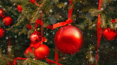 Çam ağacının dallarında kırmızı mücevherler ve dışarıda Noel perisi ışıkları.