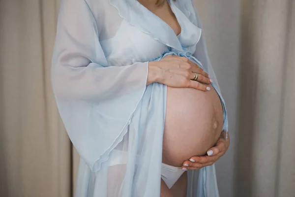 Attractive Pregnant Woman Blue Dress Motherhood Healthcare Concept Image En Vente