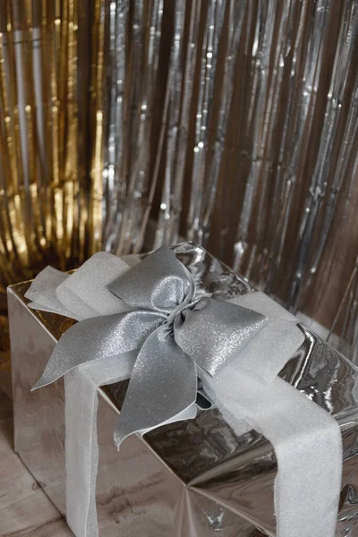 Big Silver Gift Box Big Glittering Silver Bow Ribbons Stock Photo