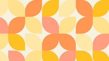 Sıcak pastel sarısı, şeftali ve turuncu tonlarda yumuşak krem arka planda geometrik yaprak şekilleriyle soyut, dikişsiz vektör deseni.