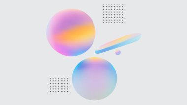 Renkli ve canlı eğimli küreler yumuşak, minimalist bir zemin üzerinde zarif bir şekilde süzülür.