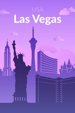 Renkli günbatımı titreşimlerine karşı Las Vegas 'ın simgelerini sergileyen çarpıcı, canlı bir illüstrasyon.