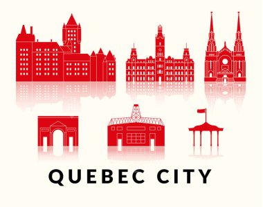 Quebec şehrindeki ikonik simgelerin güzel kırmızı siluetleri zengin ve çeşitli mirasını canlı bir şekilde gösteriyor.