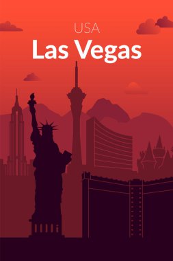 Bu çarpıcı illüstrasyon Las Vegas 'ı canlandırıyor, ikonik simgelerini vurguluyor, Özgürlük Anıtı gibi.
