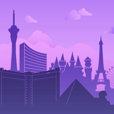 Las Vegas 'ın ikonik simgelerinden ve etkileyici binalarından oluşan göz kamaştırıcı ve canlı mor bir siluet.