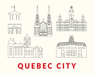 Quebec şehrinin muhteşem güzelliğini keşfedin ve keşfedin. Simgesel simgeler minimalist sanatsal tarzda temsil edilir.