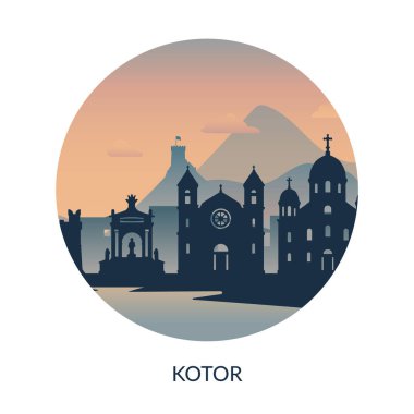 Kotors mimarisinin çarpıcı bir silueti, canlı bir günbatımı ve görkemli dağlarla tezat oluşturuyor.