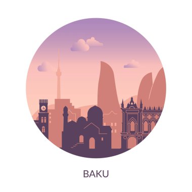 Baküs ikonik siluetini ve eşsiz mimarisini güzel gösteren canlı ve renkli bir vektör çizimi