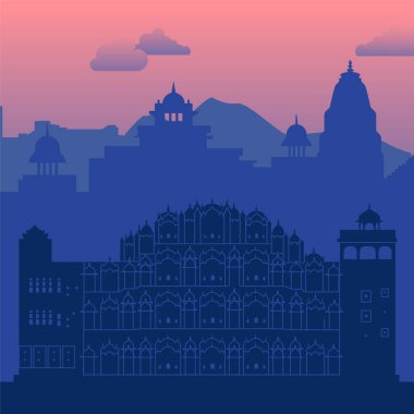 Jaipur 'un nefes kesen silueti ikonik tarihi simgeler canlı ve renkli bir günbatımına karşı kurulmuş.