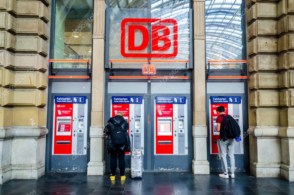 Frankfurt, Germany - October 13, 2023: DB ticket machines. Deutsche Bahn AG is the largest railway operator and infrastructure owner in Europe.