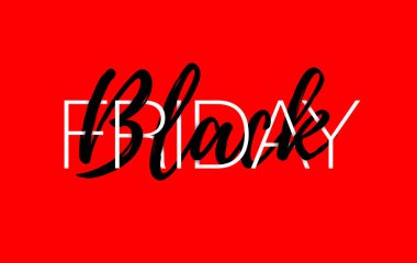 Kara Cuma yazı tasarım şablonu. Siyah Cuma pankartı, kırmızı arkaplan vektör illüstrasyonu üzerine siyah beyaz metin.