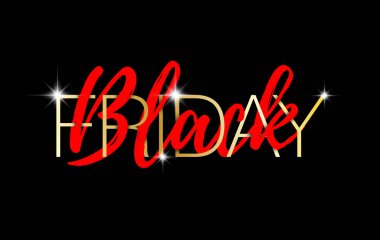 Kara Cuma yazı tasarım şablonu. Kara Cuma afişi, siyah arkaplan vektör illüstrasyonu üzerine kırmızı ve altın metin.