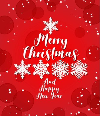 Beyaz kar göllerinden yapılmış soyut Noel ağacı ve kırmızı arka planda Mutlu Noeller yazıları. Noel ve Yeni Yıl vektör illüstrasyon kartı.