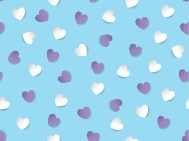 Açık mavi arka planda beyaz ve menekşe kalpler sevgililer günü aşkının kusursuz bir arka planı. Vektör çizimi.
