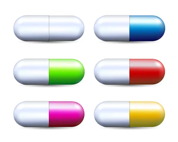Colorful Realistic Capsules Pill Set Vector Illustration Isolated White Background — Stock Vector