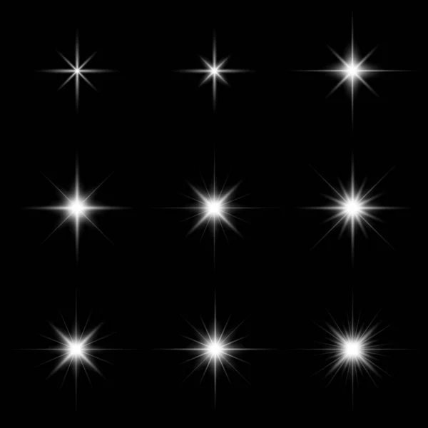 stock vector Set of glare lighting, twinkle lens flares and stars burst with sparkles on black background vector illustration